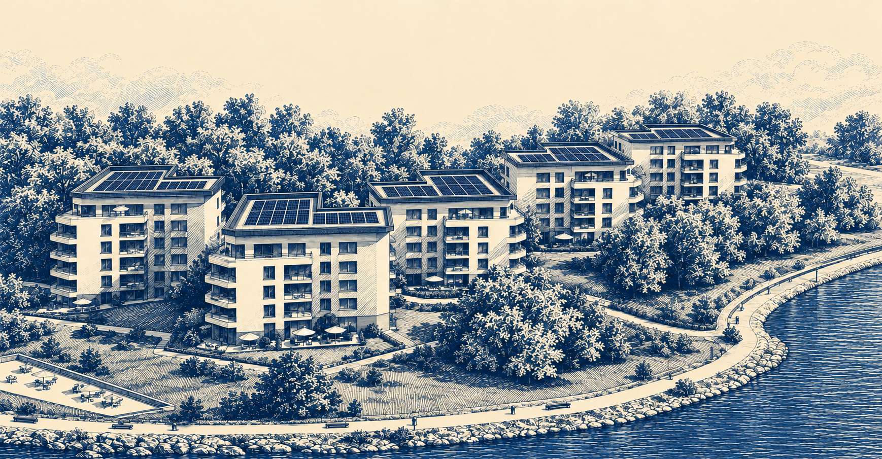 Stylizovaná rytina pěti domů Kejřova Parku 1 s fotovoltaickými panely